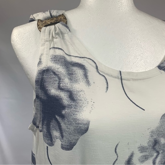 Tunic Tank Top Decorative Rings Y2K Bold Floral Print Off White Dusty Blue M/L - Picture 4 of 12